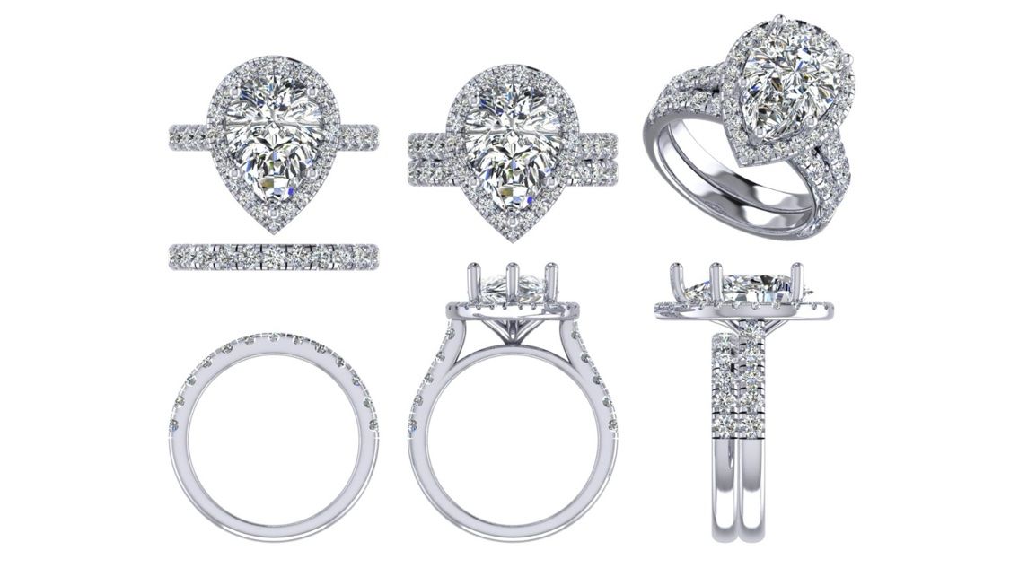 Polished render of the finished pear halo bridal set